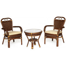 Комплект террасный ANDREA (стол кофейный со стеклом + 2 кресла + подушки) ротанг