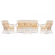 Комплект для отдыха "ANDREA" (диван + 2 кресла + журн. столик со стеклом + подушки) TCH White (белый), ткань рубчик, цвет кремовый